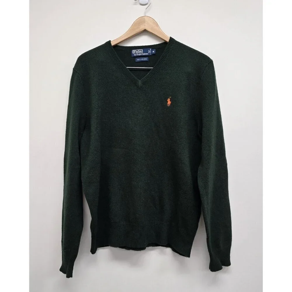 Polo Ralph Lauren 100% Lambswool VNeck Sweater Mens Size Medium Green Orage Pony